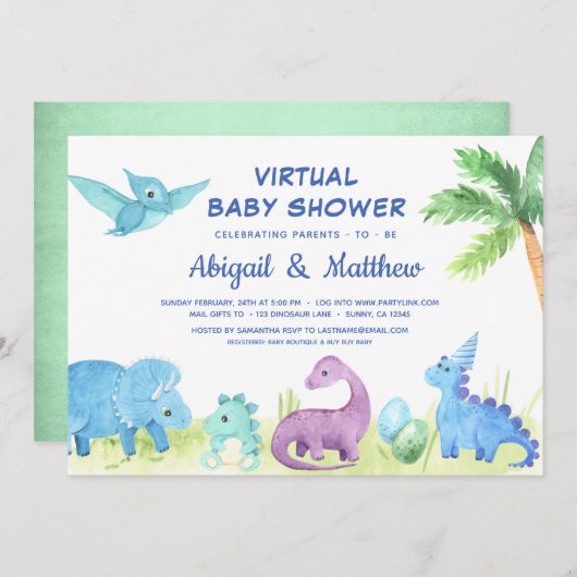 Dinosaur Virtual Baby shower Cute Invitation (Devant / Derrière)
