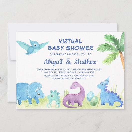 Dinosaur Virtual Baby shower Cute Invitation  Aankondiging (Voorkant)