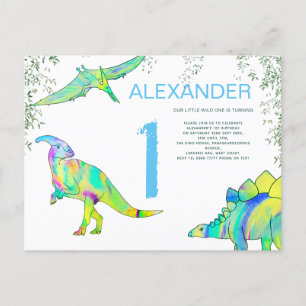 Dinosaur waterverf 1e verjaardag Begroting blauw Uitnodiging Briefkaart