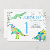 Dinosaur waterverf 1e verjaardag Begroting blauw Uitnodiging Briefkaart (Voorkant / Achterkant)