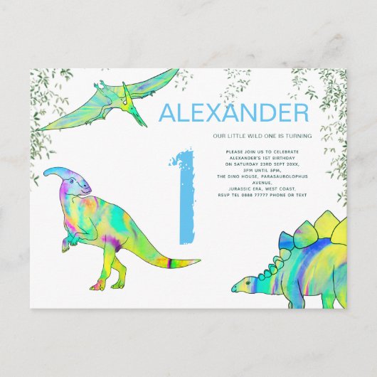 Dinosaur waterverf 1e verjaardag Begroting blauw Uitnodiging Briefkaart (Voorkant)