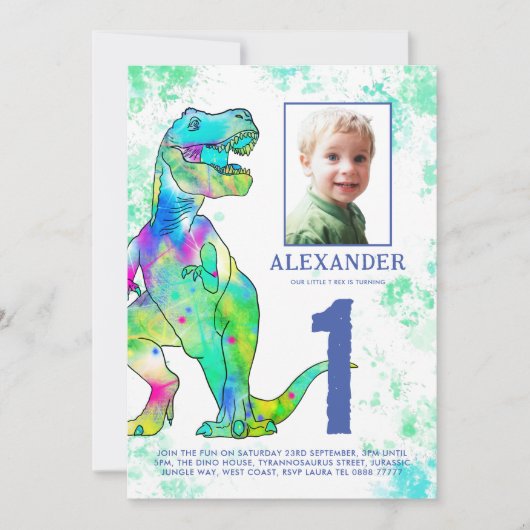 Dinosaur Waterverf 1e verjaardagsfeest Kaart (Voorkant)