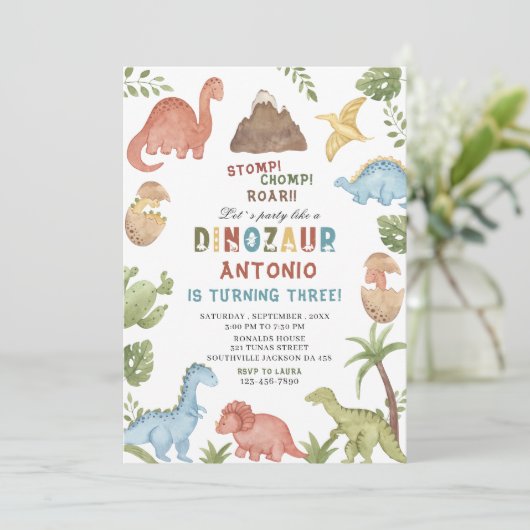 Dinosaur waterverf stomp chomp roar verjaardagsdee kaart (Staand voorkant)