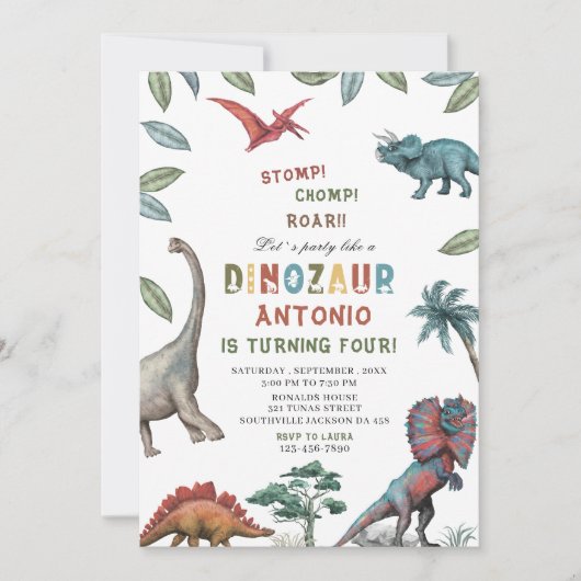 Dinosaur waterverf stomp chomp roar verjaardagsdee kaart (Voorkant)