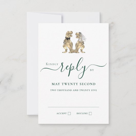 Dinosaur Wedding Green Reageer RSVP Kaartje (Voorkant)