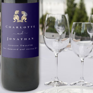 Dinosaur Wedding Marine Blauw & Wit Gepersonalisee Wijn Etiket