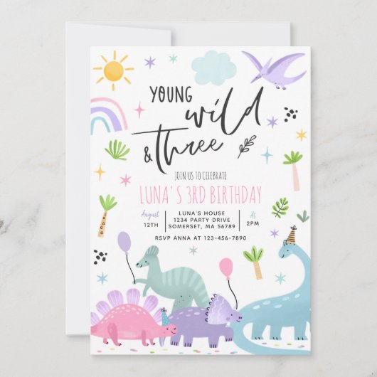 Dinosaur Young Wild and Three 3rd Birthday Party Kaart (Voorkant)