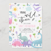 Dinosaur Young Wild and Three 3rd Birthday Party Kaart (Voorkant / Achterkant)