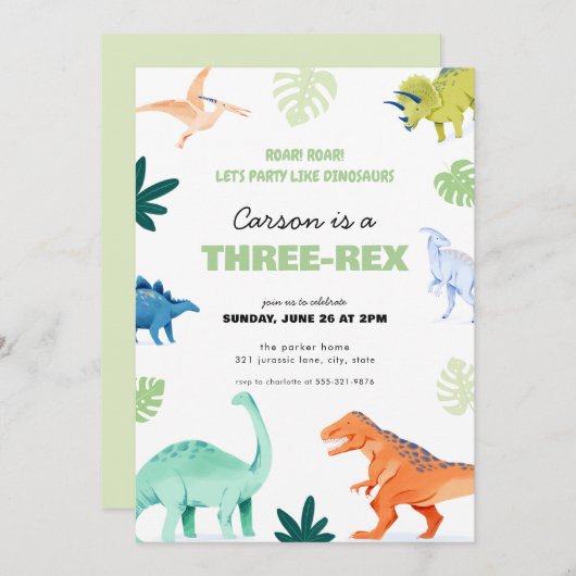 Dinosaure à trois Rex coloré Invitation d'annivers (Devant / Derrière)