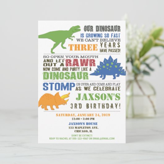 Dinosaure anniversaire invitation garçon vert bleu (Debout devant)
