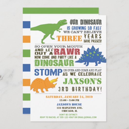 Dinosaure anniversaire invitation garçon vert bleu (Devant / Derrière)