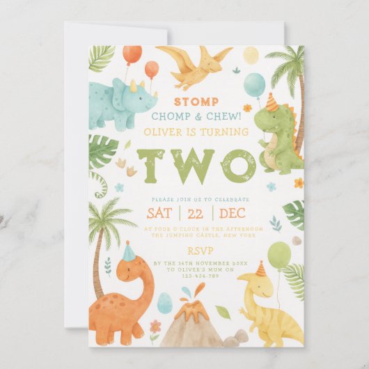 Dinosaure Bleu Orange Vert Invitation Anniversaire (Devant)