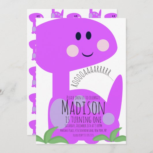 Dinosaure clair mou Invitation Anniversaire (Devant / Derrière)