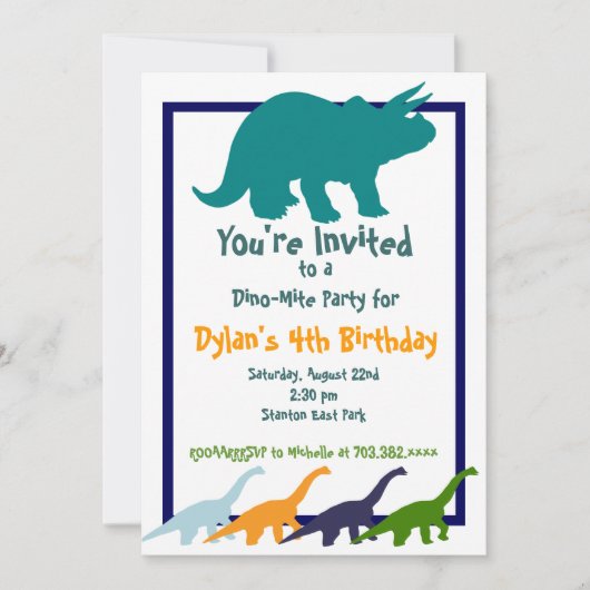 Dinosaure coloré Invitations de fête d'anniversair (Devant)
