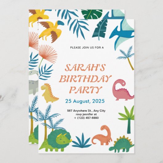 Dinosaure coloré mignon Invitation d'anniversaire  (Devant / Derrière)
