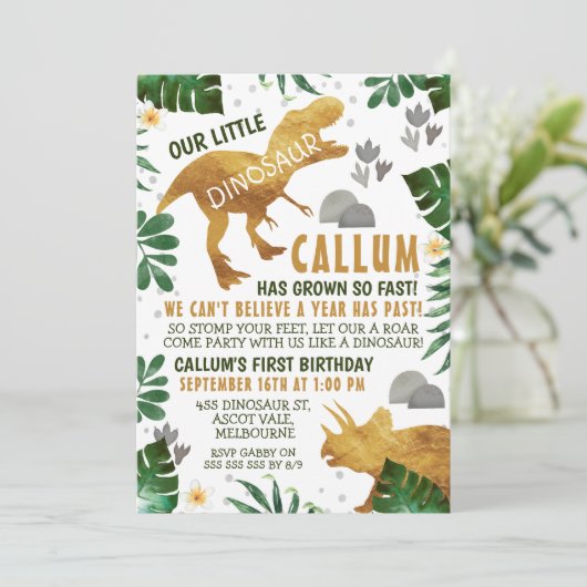 Dinosaure d'or vert Invitation de fête d'anniversa (Debout devant)