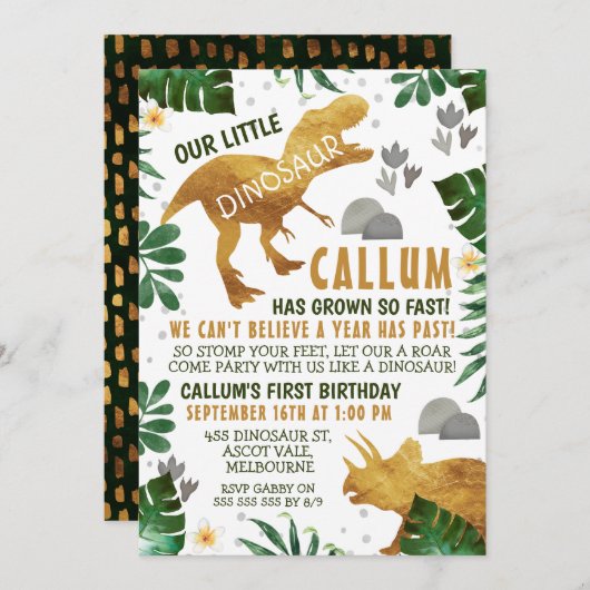 Dinosaure d'or vert Invitation de fête d'anniversa (Devant / Derrière)