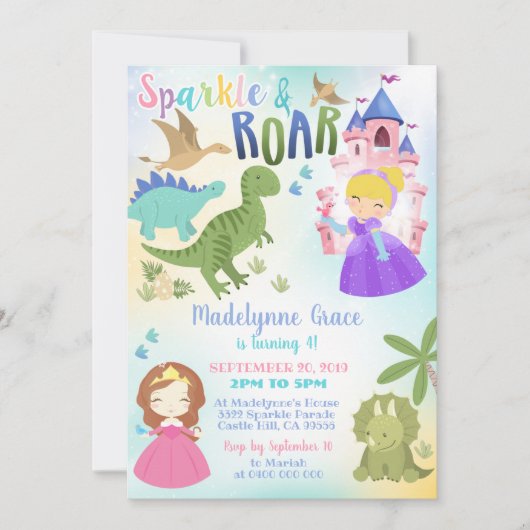 Dinosaure et Princesse Invitation Garçon fille (Devant)
