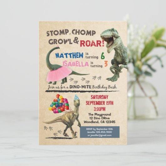 Dinosaure et tutu invitation d'anniversaire (Debout devant)