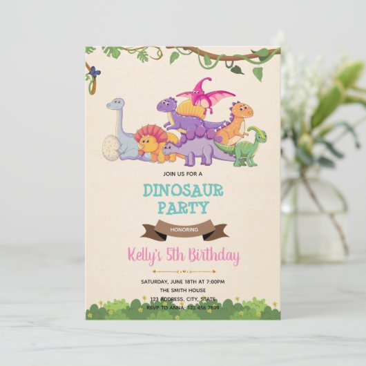 Dinosaure fille mignonne invitation (Debout devant)
