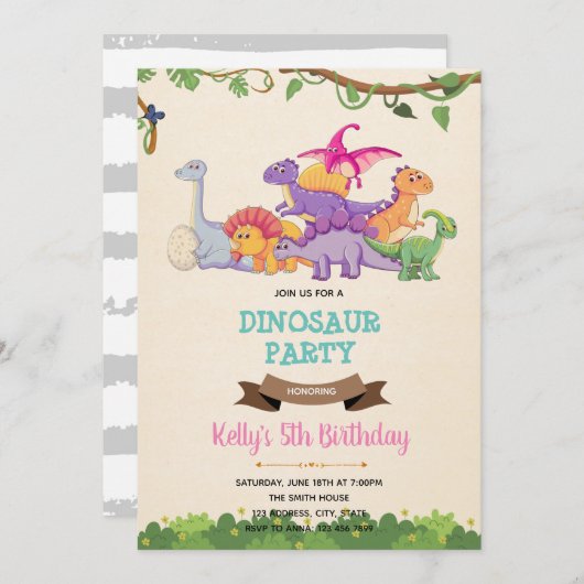 Dinosaure fille mignonne invitation (Devant / Derrière)