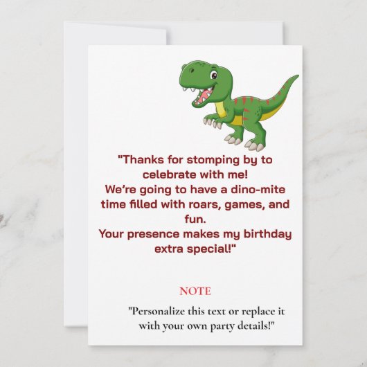 Dinosaure fille mignonne Invitation d'anniversaire (Dos)