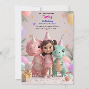 Dinosaure fille mignonne Invitation d'anniversaire