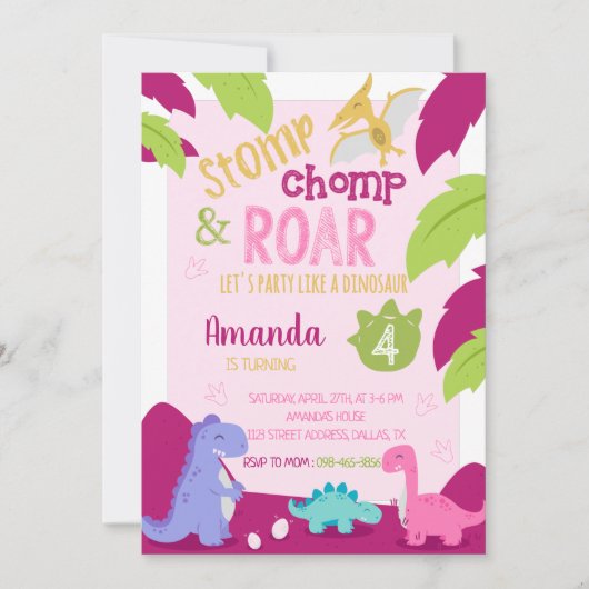 Dinosaure fille rose Invitation d'anniversaire (Devant)