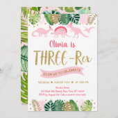 Dinosaure fille rose TROIS REX Invitation d'annive (Devant / Derrière)