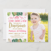 Dinosaure fille rose Tropical Invitation d'anniver (Devant)