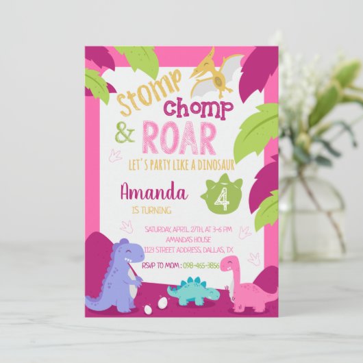 Dinosaure fille Stomp & Chomp Invitation d'anniver (Debout devant)