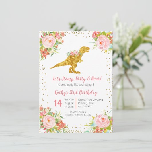 Dinosaure Floral Invitation d'anniversaire (Debout devant)