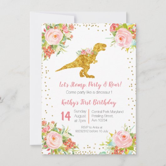 Dinosaure Floral Invitation d'anniversaire (Devant)