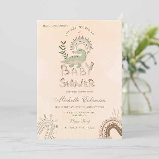 Dinosaure Hatching Bientôt Baby shower Invitation (Debout devant)