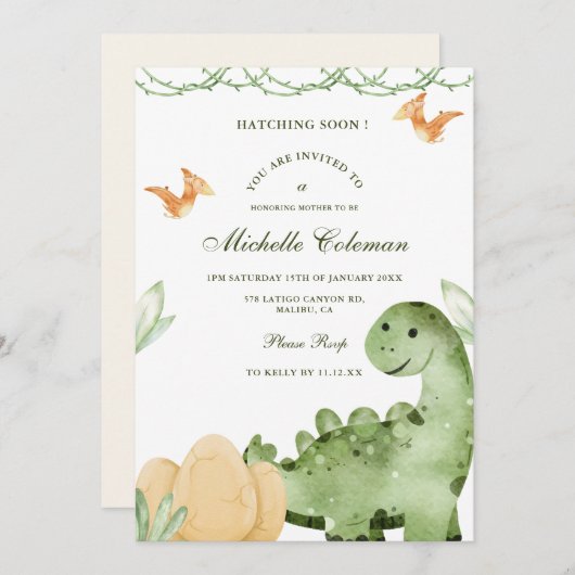 Dinosaure Hatching Bientôt Baby shower Invitation (Devant / Derrière)