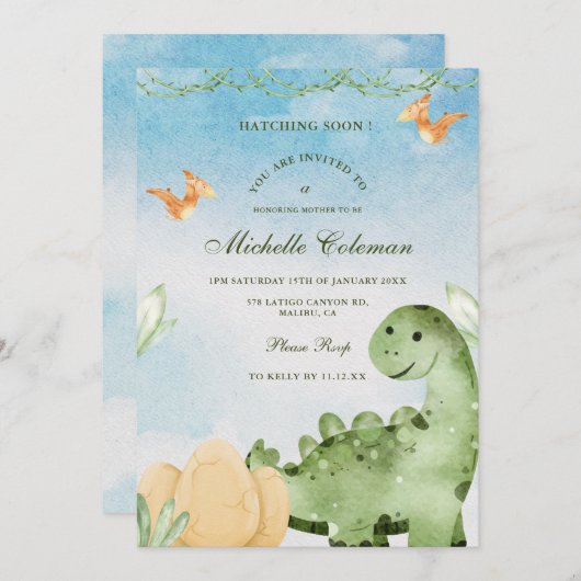 Dinosaure Hatching Bientôt Baby shower Invitation (Devant / Derrière)