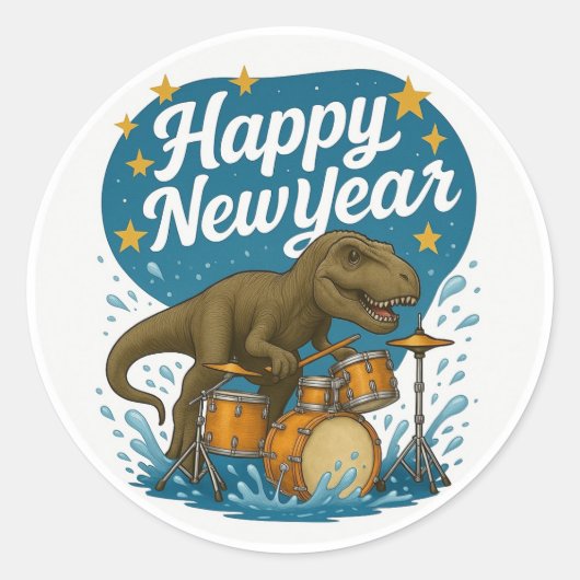 Dinosaure Jouer À La Tambour Sticker Bonne année. (Devant)