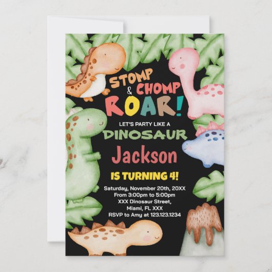 Dinosaure noir jaune Invitations d'anniversaire (Devant)