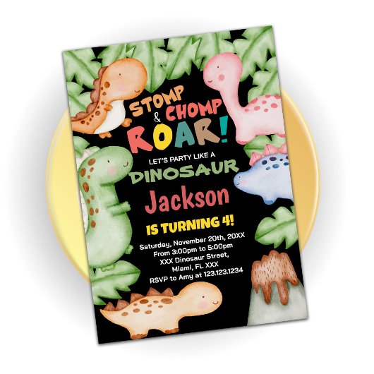 Dinosaure noir jaune Invitations d'anniversaire