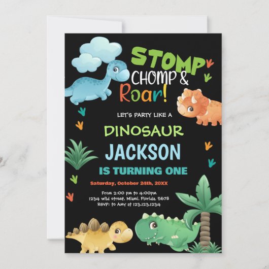 Dinosaure noir vert Invitations d'anniversaire (Devant)