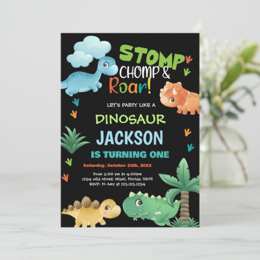 Dinosaure noir vert Invitations d'anniversaire (Debout devant)
