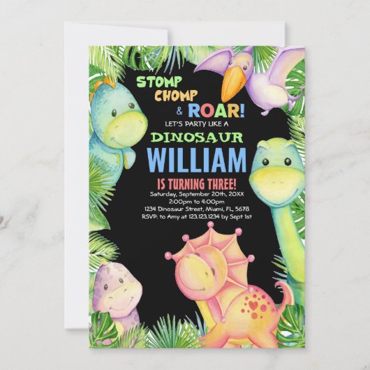 Dinosaure noir vert Invitations d'anniversaire (Devant)