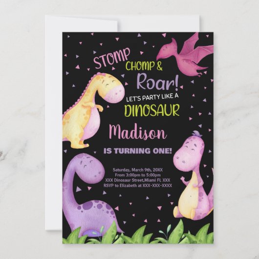 Dinosaure noir violet Invitations d'anniversaire (Devant)