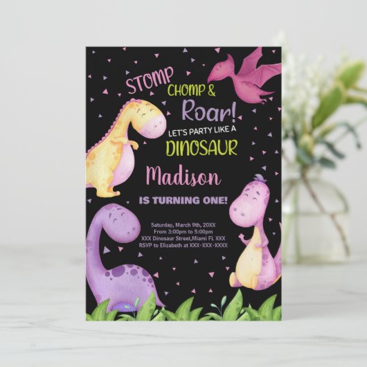 Dinosaure noir violet Invitations d'anniversaire (Debout devant)