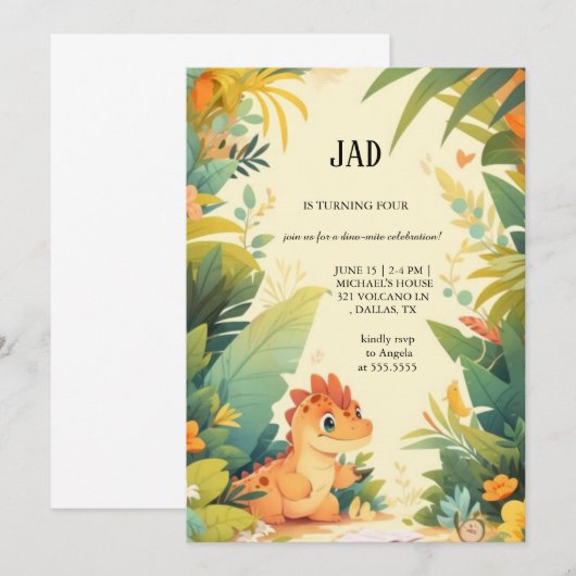 dinosaure orange invitation anniversaire (Devant / Derrière)