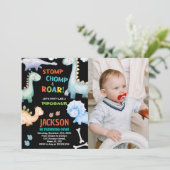 Dinosaure orange noir Invitations Anniversaire ave (Debout devant)