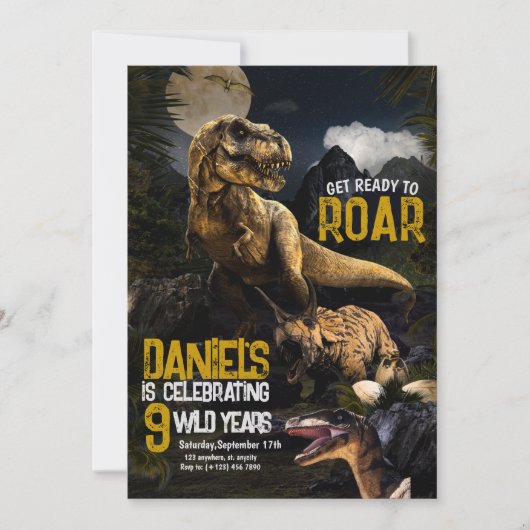 Dinosaure réaliste cool Invitation sauvage d'anniv (Devant)