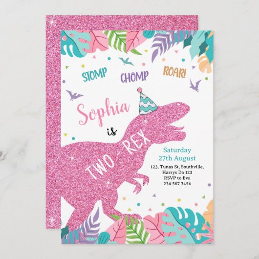 Dinosaure rose à deux rapports fille 2e invitation (Devant / Derrière)