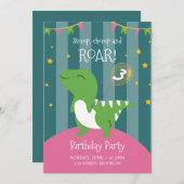 Dinosaure Rose Et Vert Invitation De Fête Annivers (Devant / Derrière)