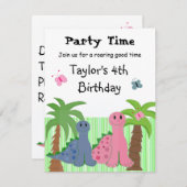 Dinosaure rose Filles mignonnes Invitation Anniver (Devant / Derrière)